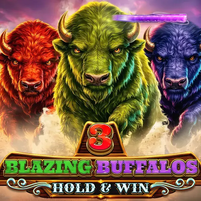 Tampilan visual slot 3 Blazing Buffalos dengan latar belakang ngarai neon dan roh kerbau bercahaya.
